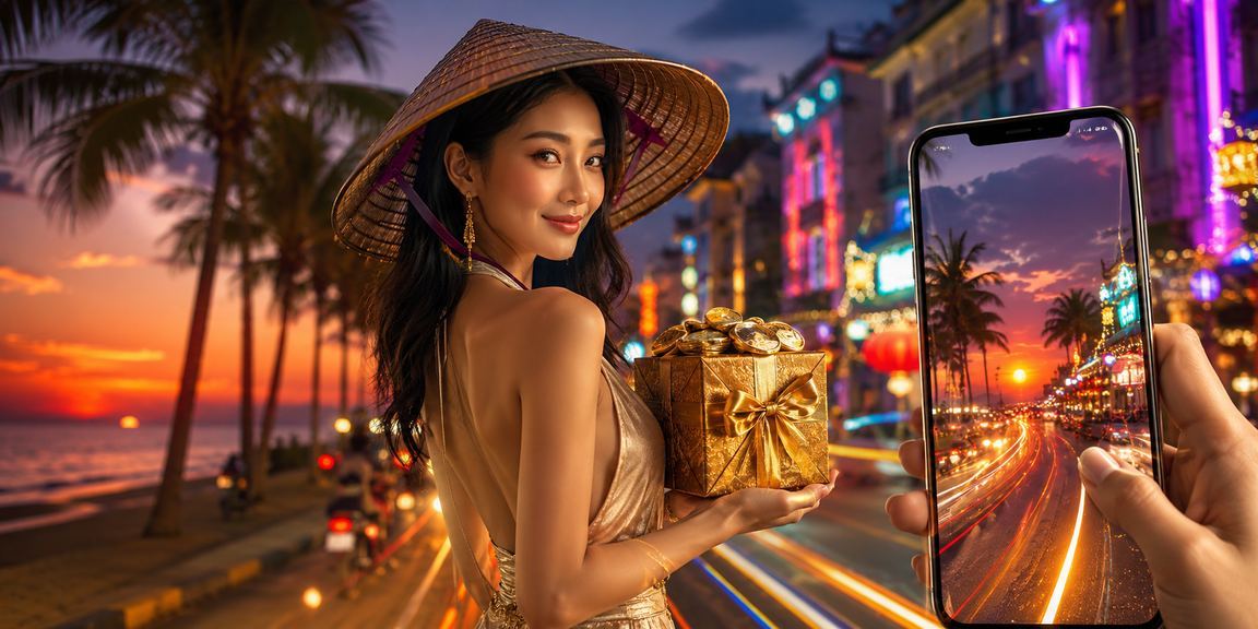 Người chơi sử dụng điện thoại chơi casino trực tuyến tại bãi biển Phú Quốc